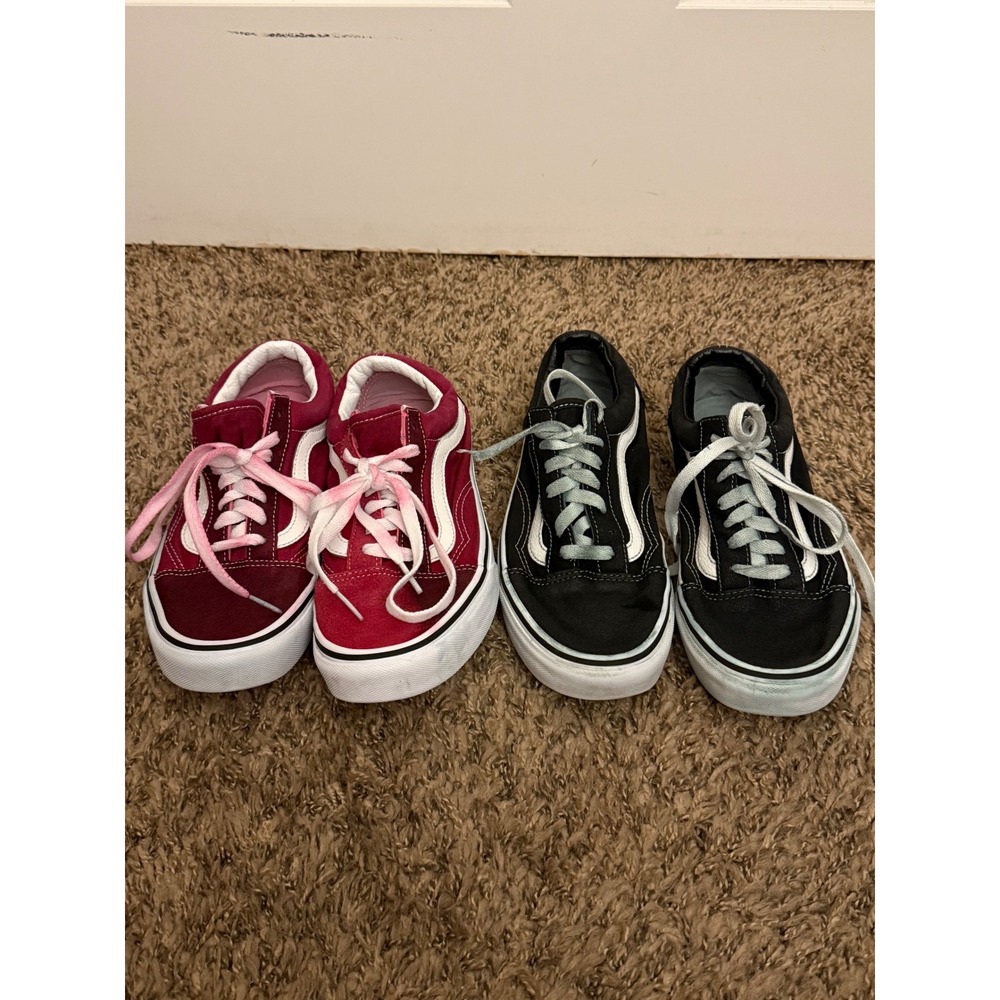 Vans Old Skool Black White Low Top Skate Shoes Womens 7 Mens 5.5 & Red White